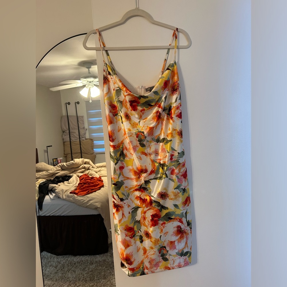 Cowl neck floral mini dress